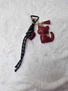Red Cat Tassel Heart Vegan Leather  Keychain Charm